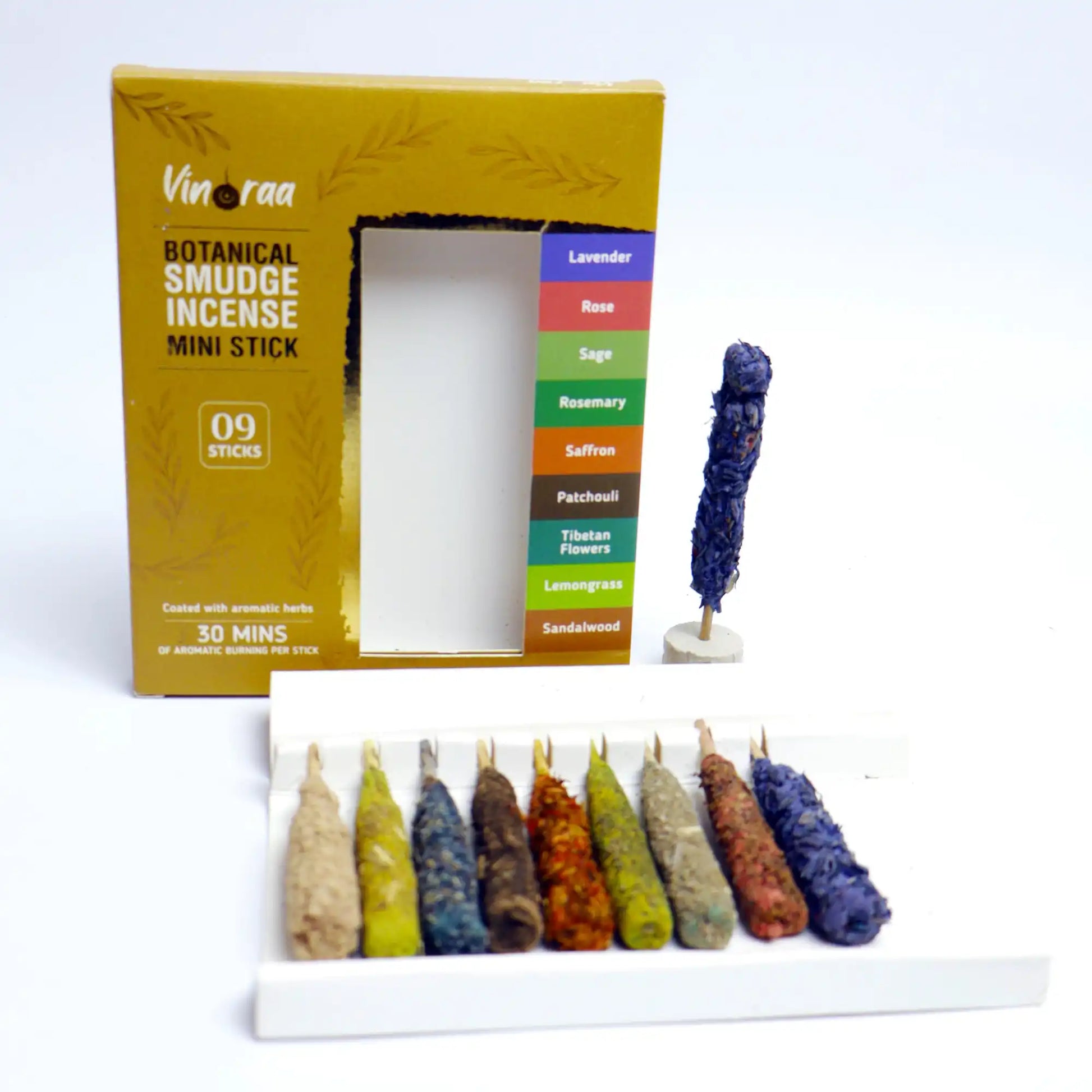 Herbal mini smudge incense sticks coated with botanicals