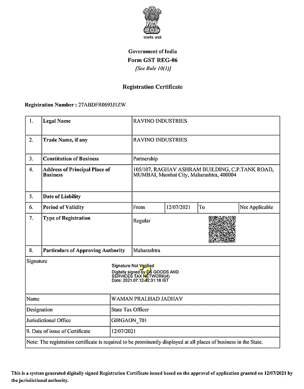 GST Registration Certificate – Ravino Industries | Government of India GST Registration