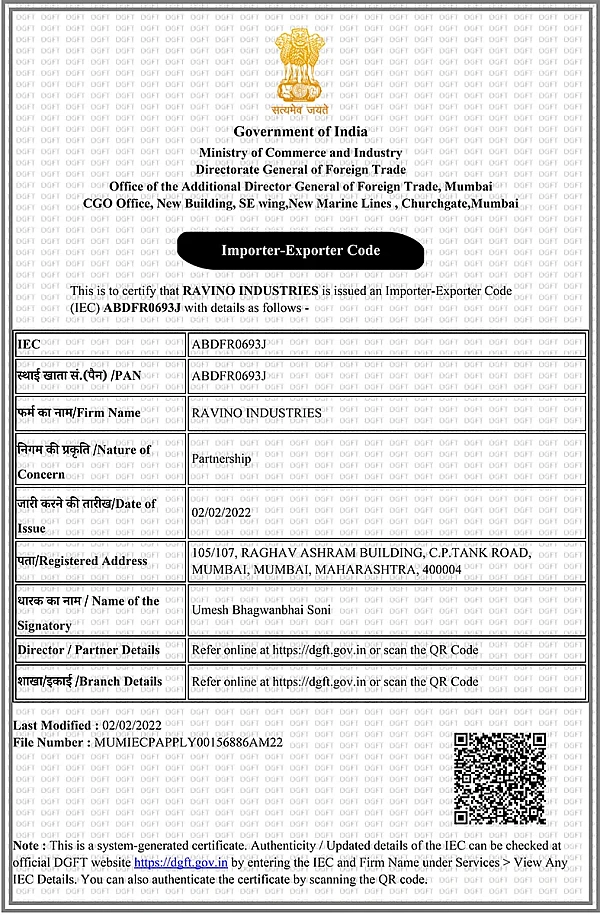 Import Export Code (IEC) Certificate – Ravino Industries | DGFT Registered Exporter