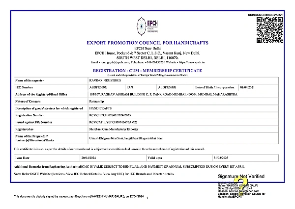 RCMC Registration Certificate – Ravino Industries | Export Promotion Council for Handicrafts (EPCH)